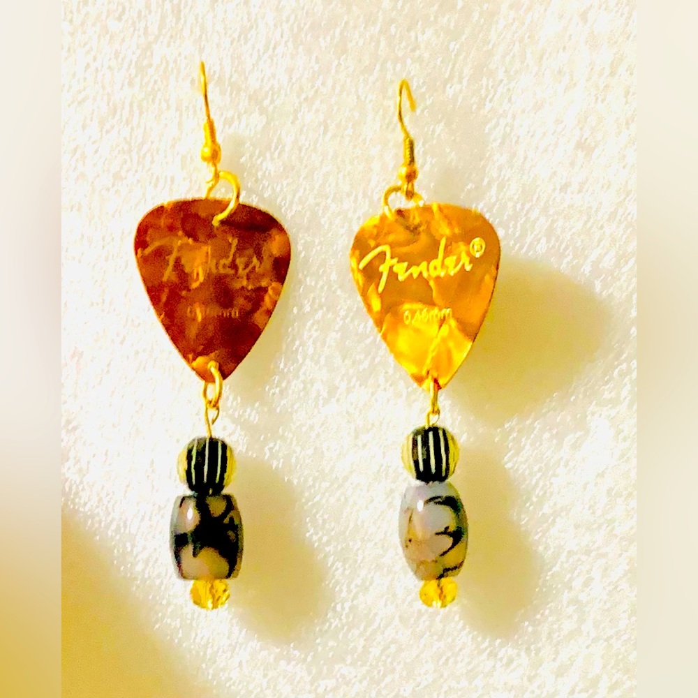 Golden brown fender guitars pick earrings